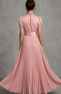 Valerie Lace Trim Puff Sleeve Pleated Maxi Dress