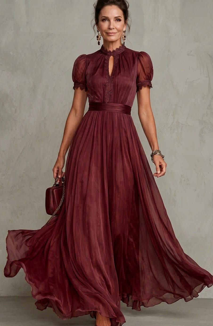 Valerie Lace Trim Puff Sleeve Pleated Maxi Dress