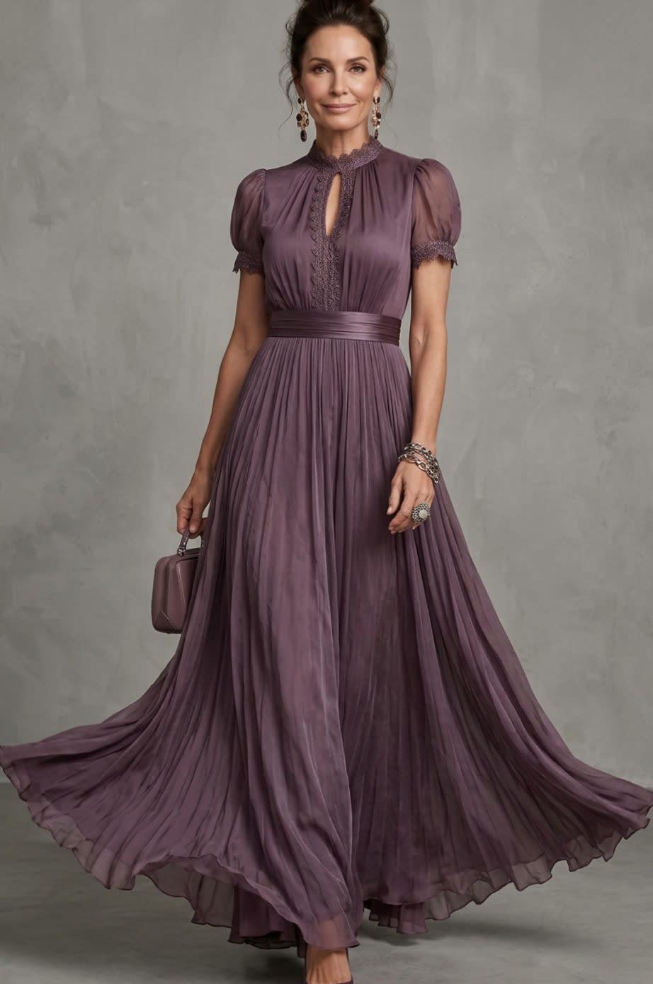 Valerie Lace Trim Puff Sleeve Pleated Maxi Dress_6
