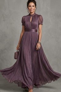 Valerie Lace Trim Puff Sleeve Pleated Maxi Dress