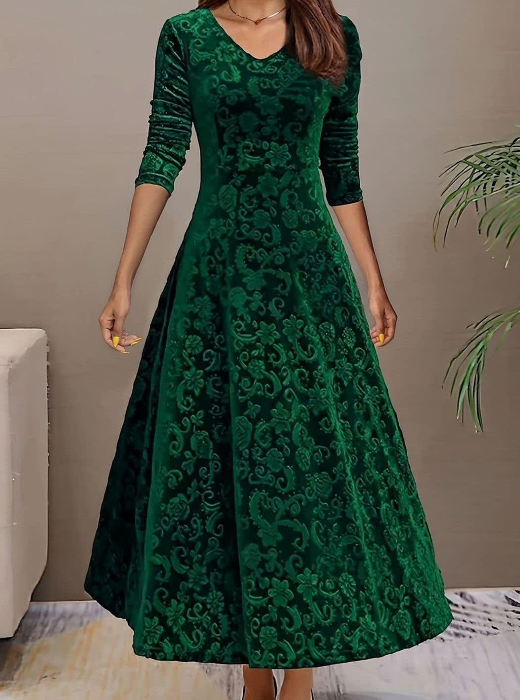 Paula Velvet V-Neck Long Sleeve A-Line Midi Dress