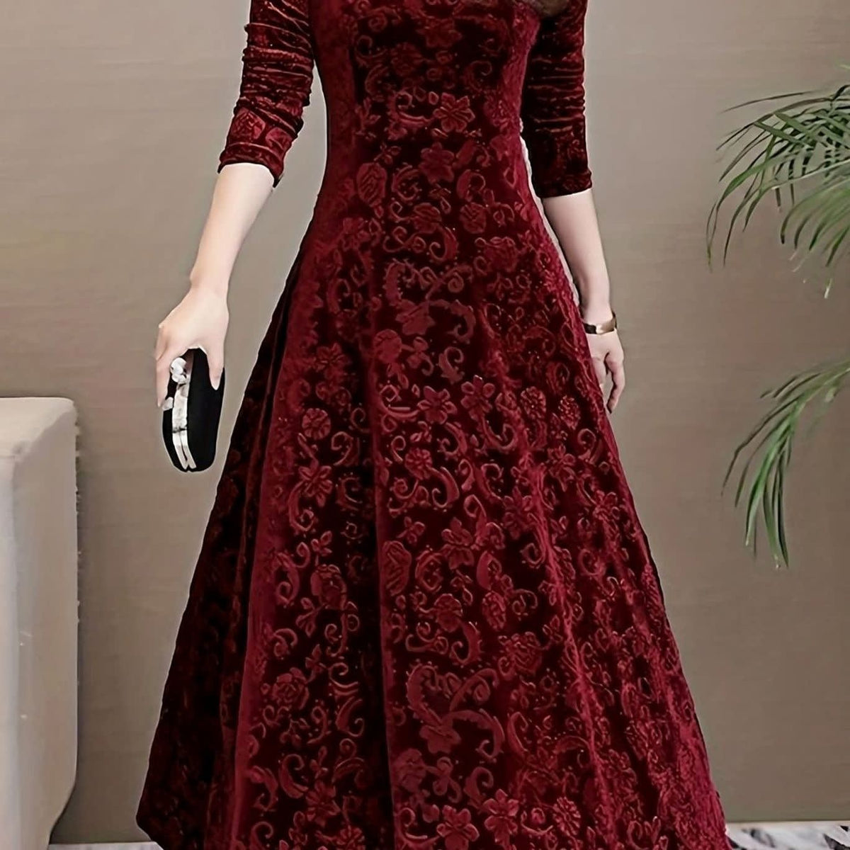 Paula Velvet V-Neck Long Sleeve A-Line Midi Dress_10