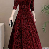 Paula Velvet V-Neck Long Sleeve A-Line Midi Dress