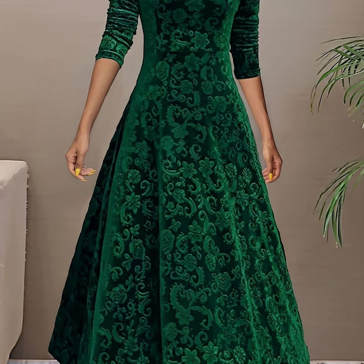 Paula Velvet V-Neck Long Sleeve A-Line Midi Dress