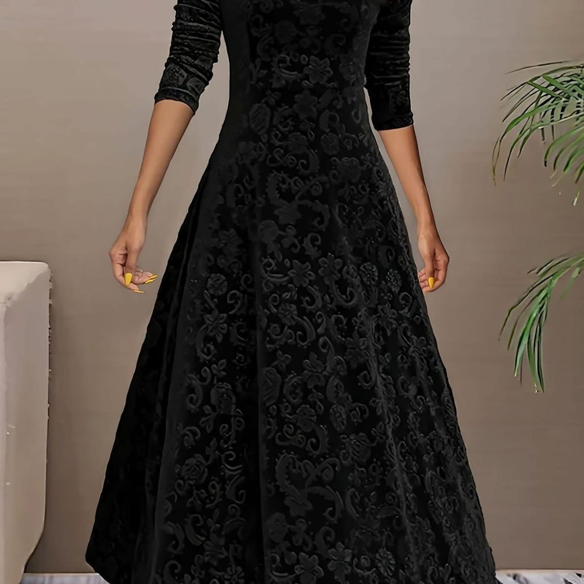 Paula Velvet V-Neck Long Sleeve A-Line Midi Dress
