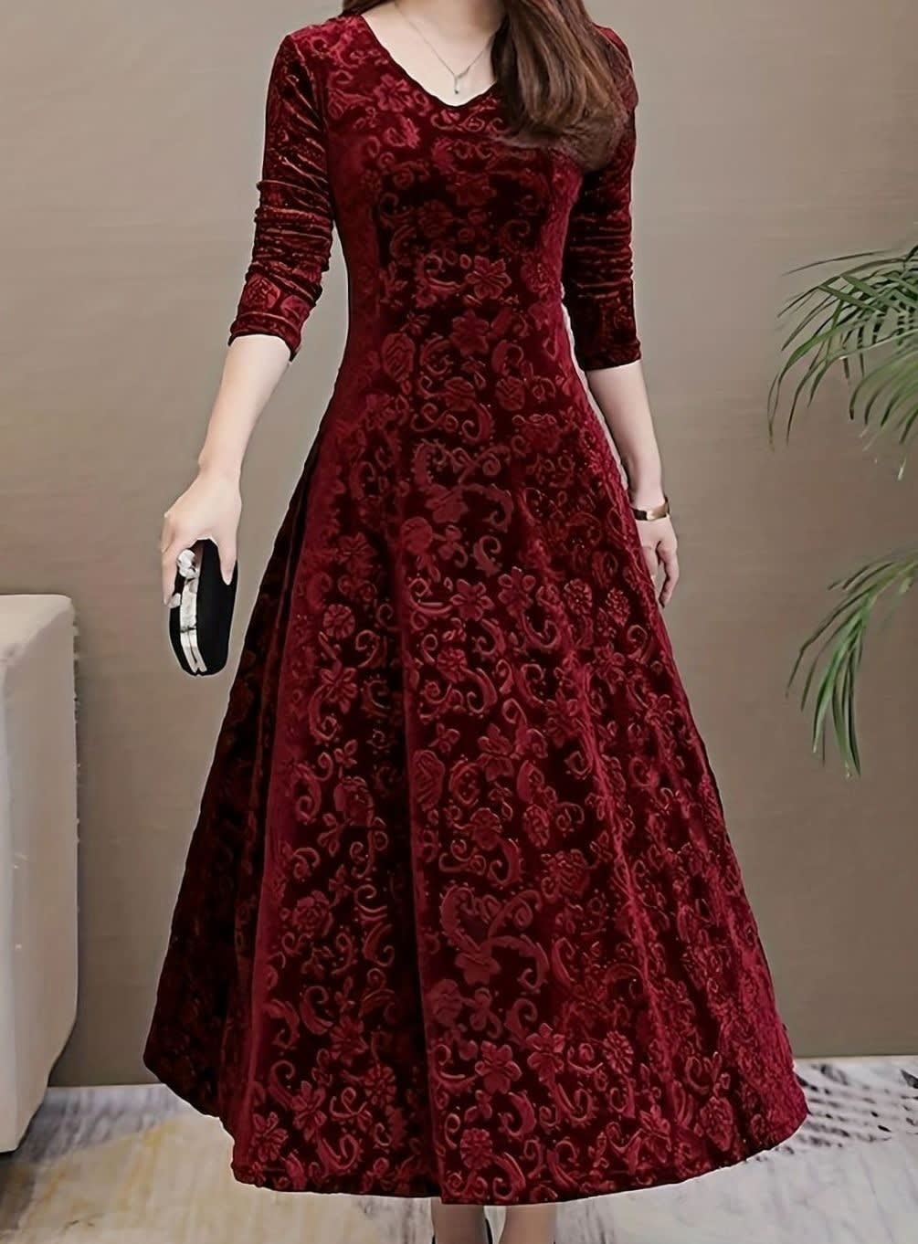 Paula Velvet V-Neck Long Sleeve A-Line Midi Dress