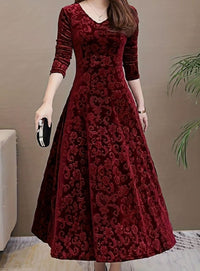 Paula Velvet V-Neck Long Sleeve A-Line Midi Dress
