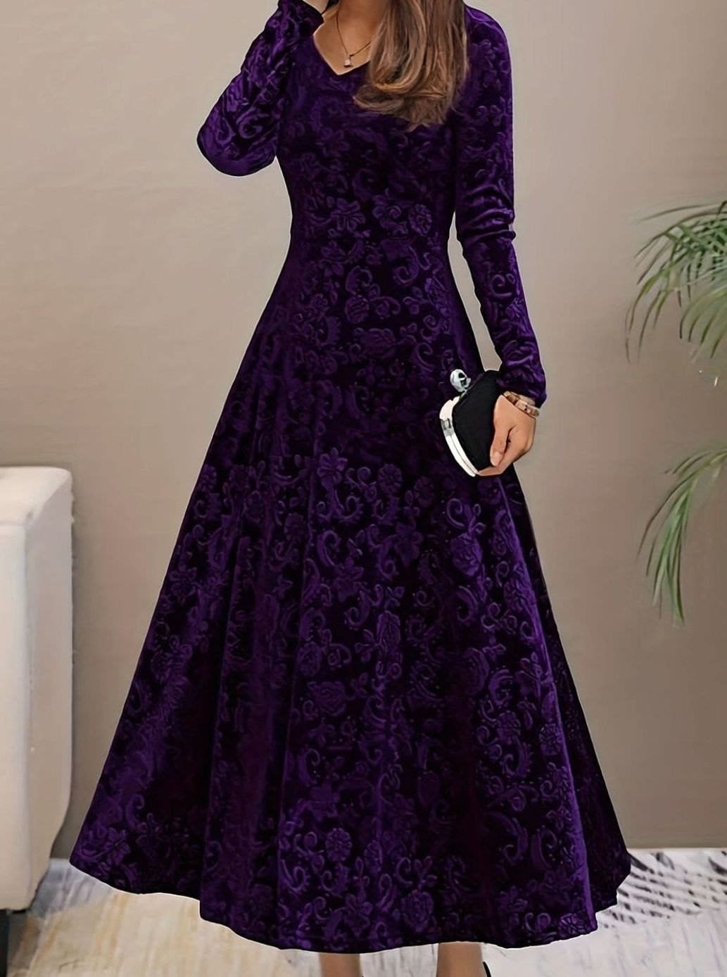 Paula Velvet V-Neck Long Sleeve A-Line Midi Dress_3