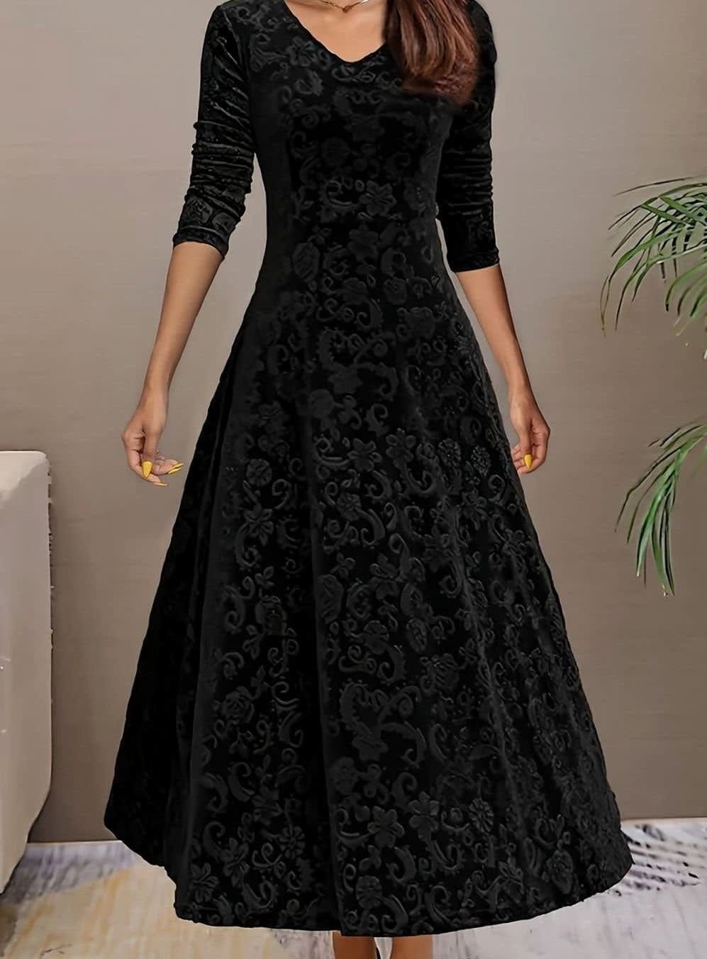 Paula Velvet V-Neck Long Sleeve A-Line Midi Dress
