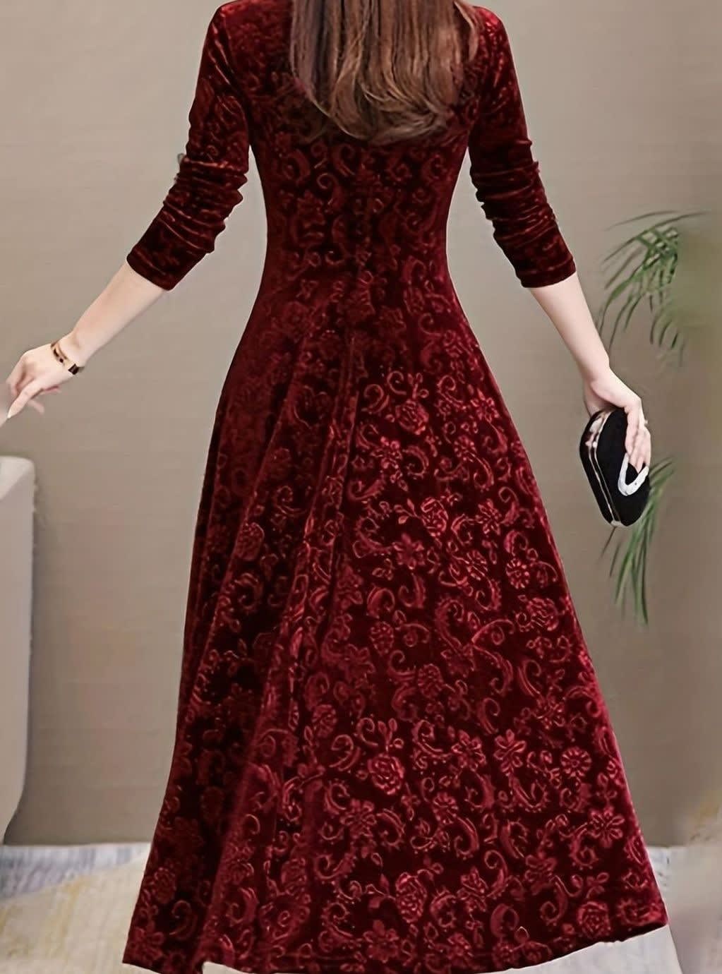 Paula Velvet V-Neck Long Sleeve A-Line Midi Dress_5