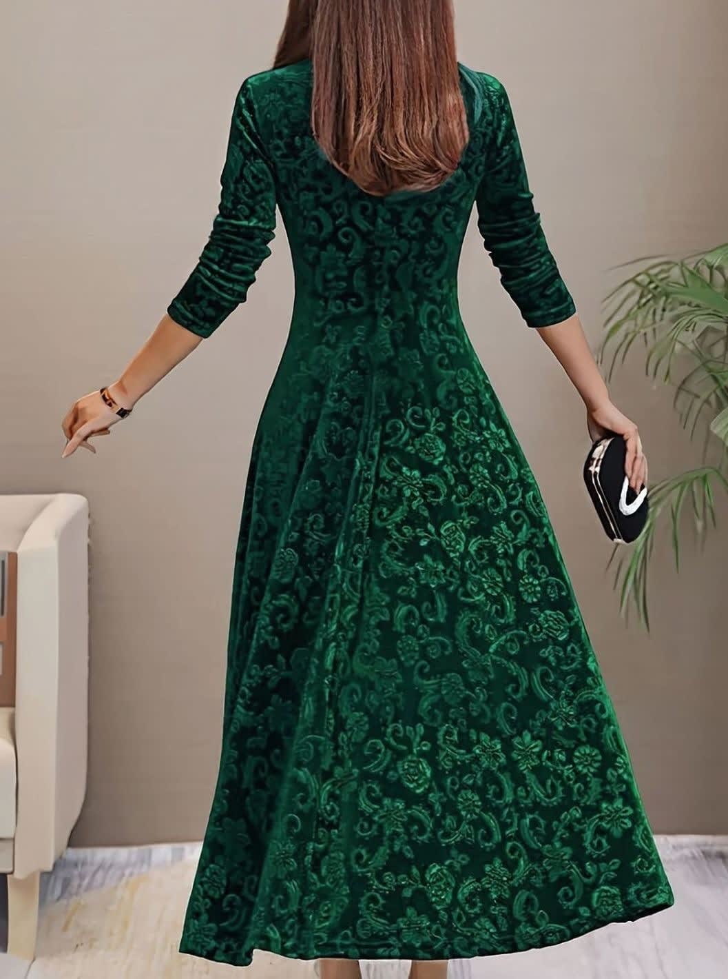 Paula Velvet V-Neck Long Sleeve A-Line Midi Dress