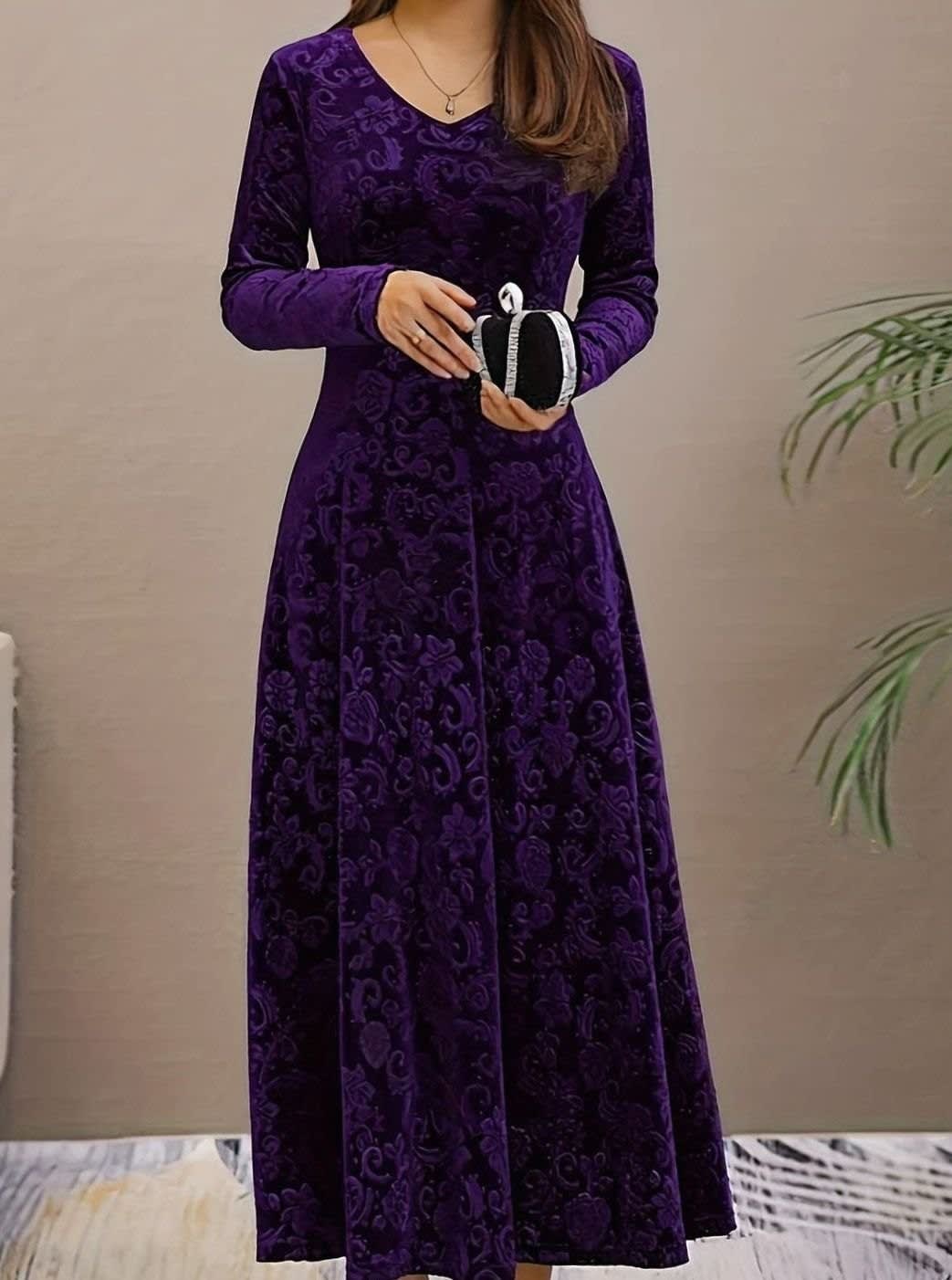 Paula Velvet V-Neck Long Sleeve A-Line Midi Dress