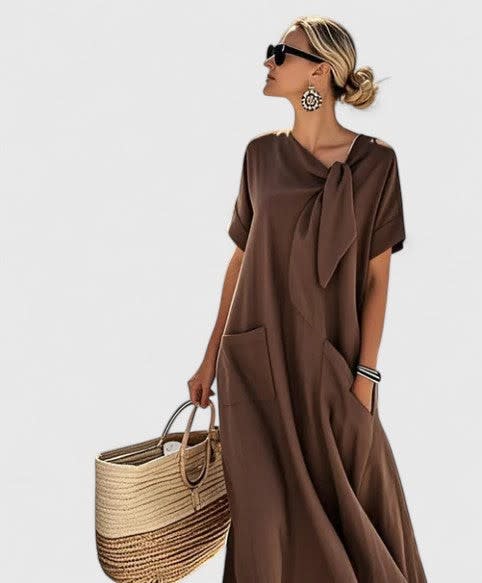 Erin Maxi Shift Dress with Tie Neckline and Pockets