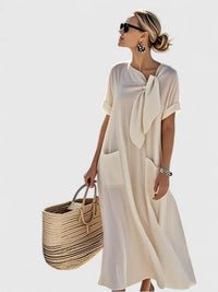 Erin Maxi Shift Dress with Tie Neckline and Pockets