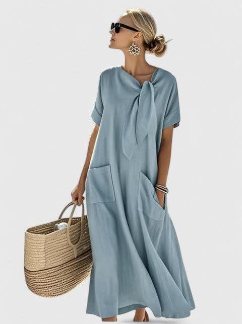 Erin Maxi Shift Dress with Tie Neckline and Pockets