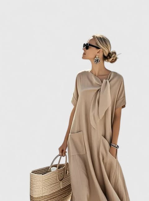 Erin Maxi Shift Dress with Tie Neckline and Pockets