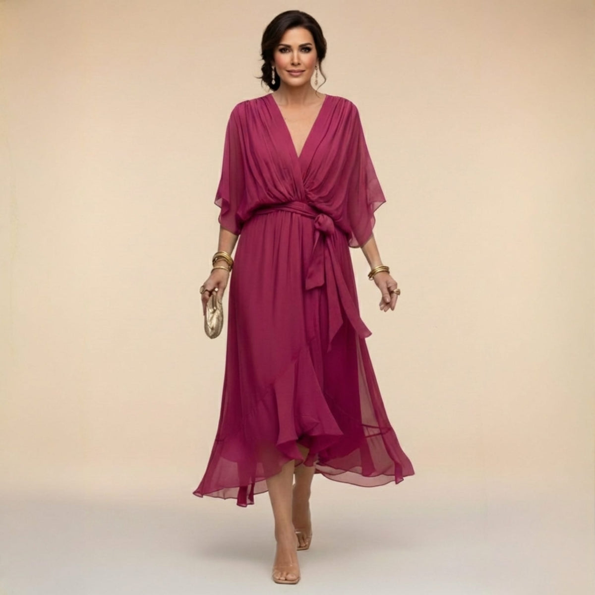 Amira Chiffon V Neck Midi Dress