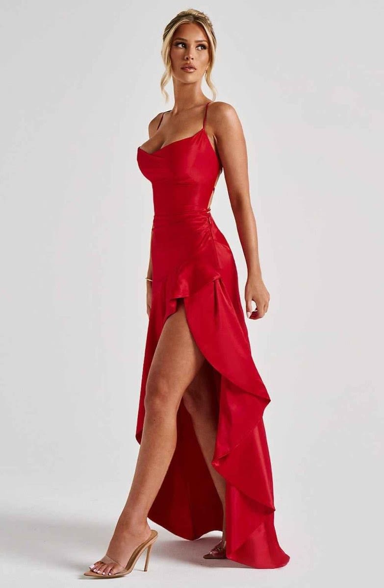 Rosalyn Satin Ruffle Hem Maxi Dress