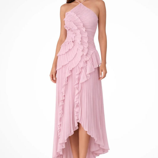 Solene Halterneck Wedding Guest Maxi Dress with Asymmetric Hem_1