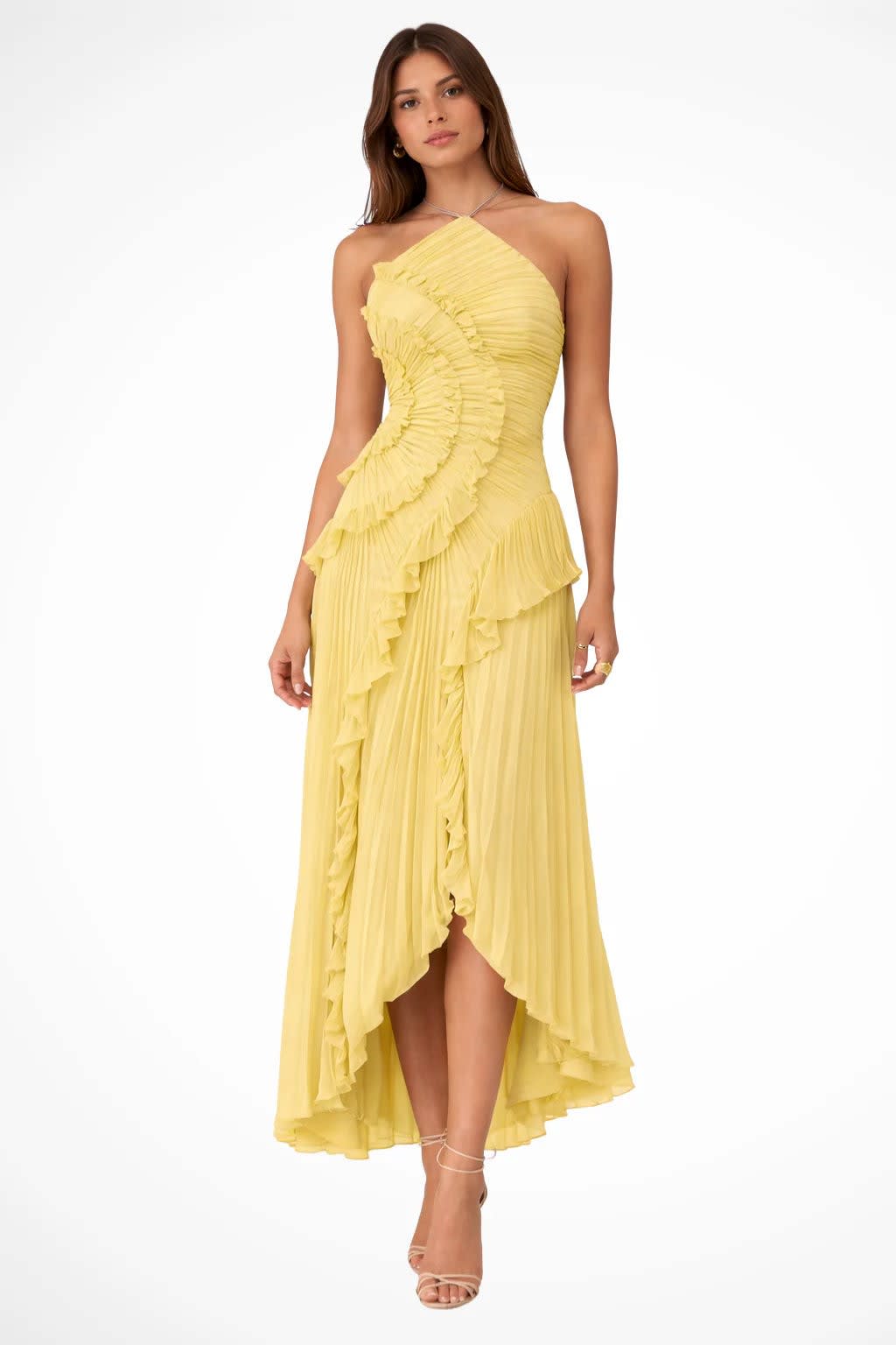 Solene Halterneck Wedding Guest Maxi Dress with Asymmetric Hem