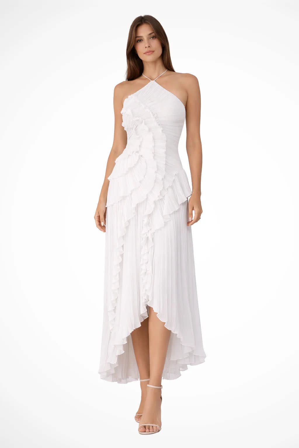 Solene Halterneck Wedding Guest Maxi Dress with Asymmetric Hem
