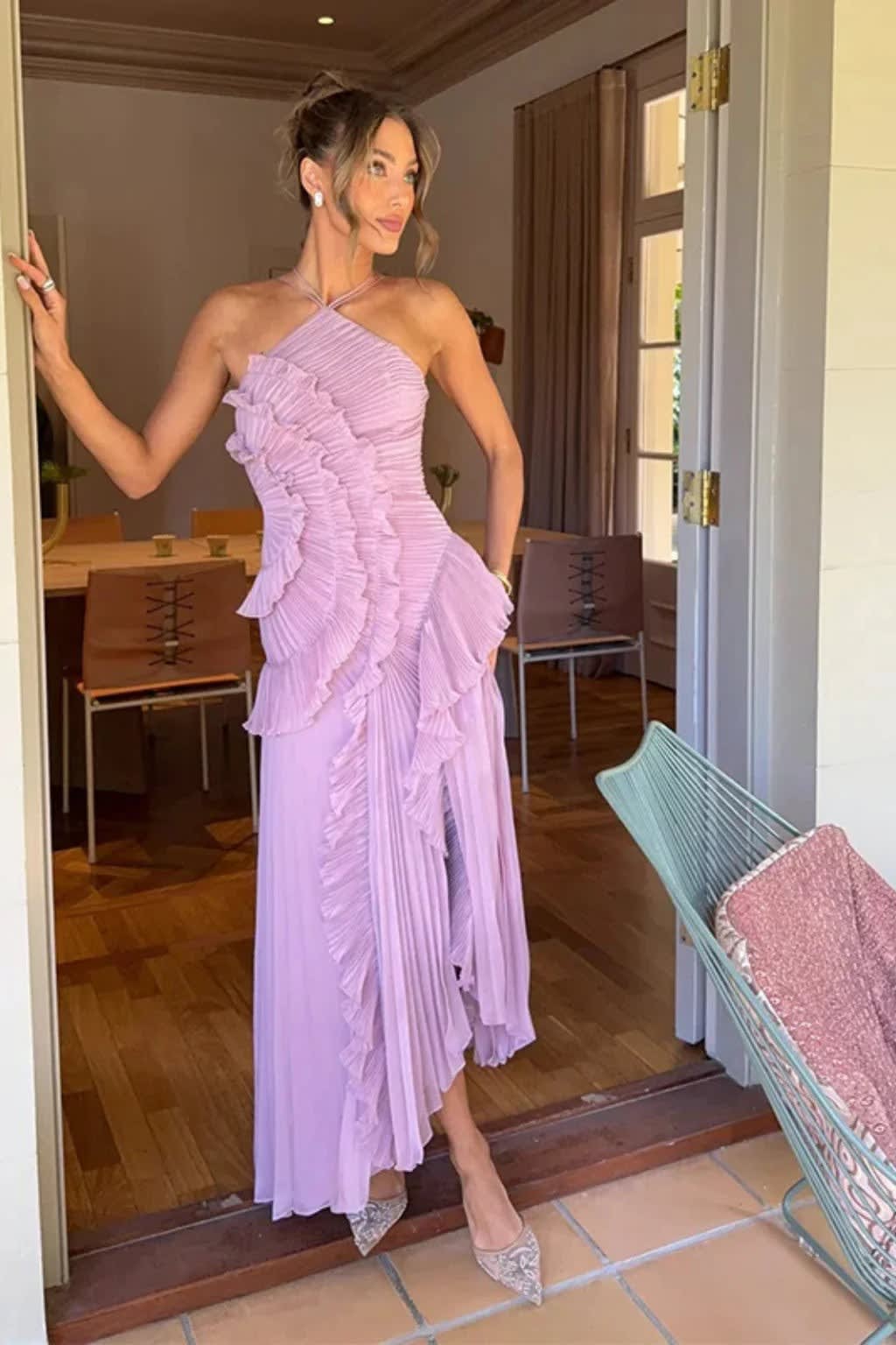 Solene Halterneck Wedding Guest Maxi Dress with Asymmetric Hem
