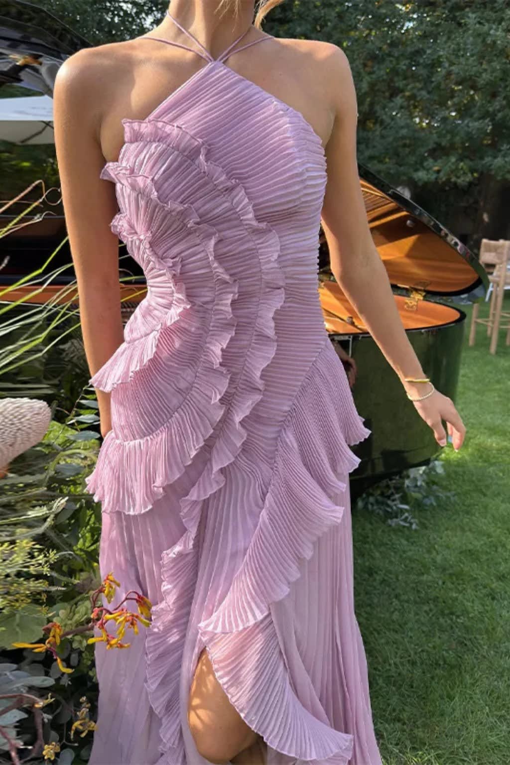 Solene Halterneck Wedding Guest Maxi Dress with Asymmetric Hem