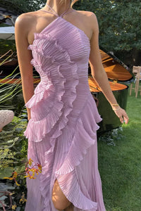 Solene Halterneck Wedding Guest Maxi Dress with Asymmetric Hem