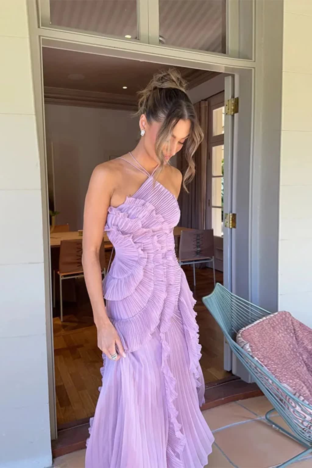 Solene Halterneck Wedding Guest Maxi Dress with Asymmetric Hem