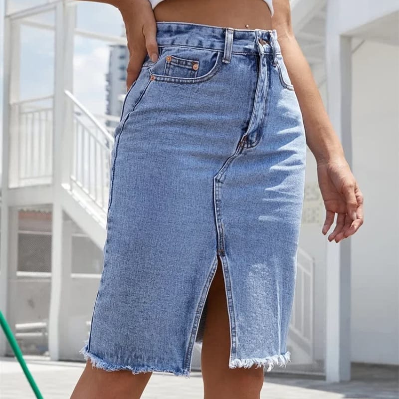 Amelie Ashford High Waist Front Slit Denim Skirt_1