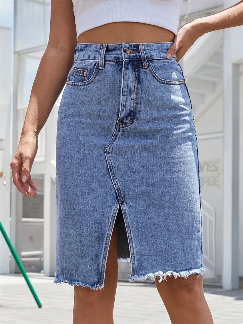 Amelie Ashford High Waist Front Slit Denim Skirt_4