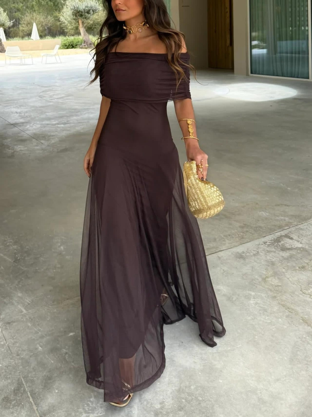 Livia Off Shoulder Chiffon Wedding Guest Maxi Dress