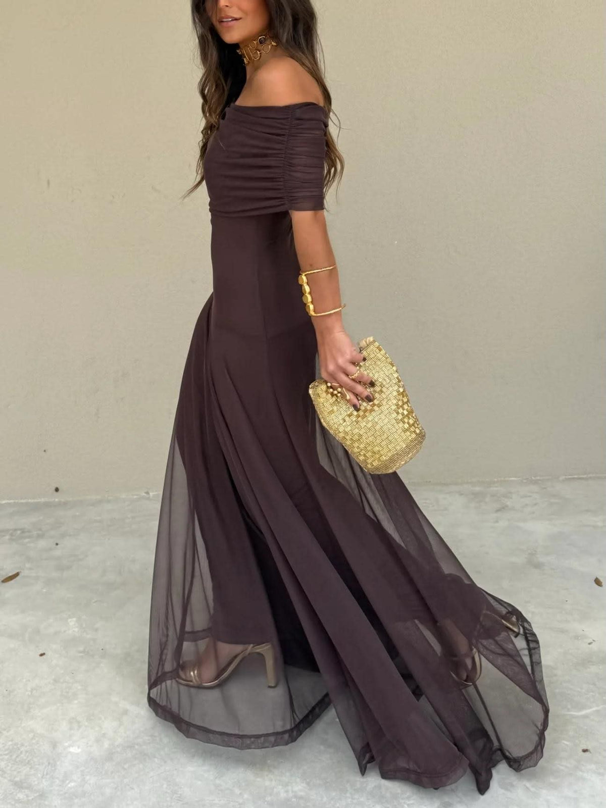 Livia Off Shoulder Chiffon Wedding Guest Maxi Dress