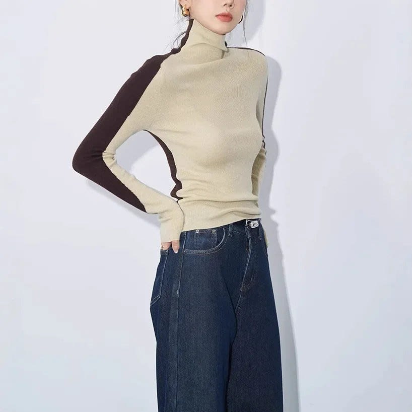 Janna Mock Neck Contrast Sleeve Top