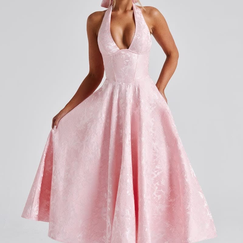 Georgina Halterneck Wedding Guest Midi Dress with Corset Back_1
