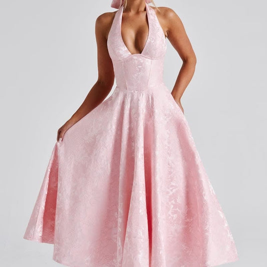 Georgina Halterneck Wedding Guest Midi Dress with Corset Back_1