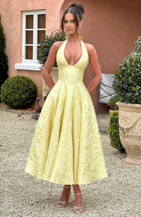 Georgina Halterneck Wedding Guest Midi Dress with Corset Back