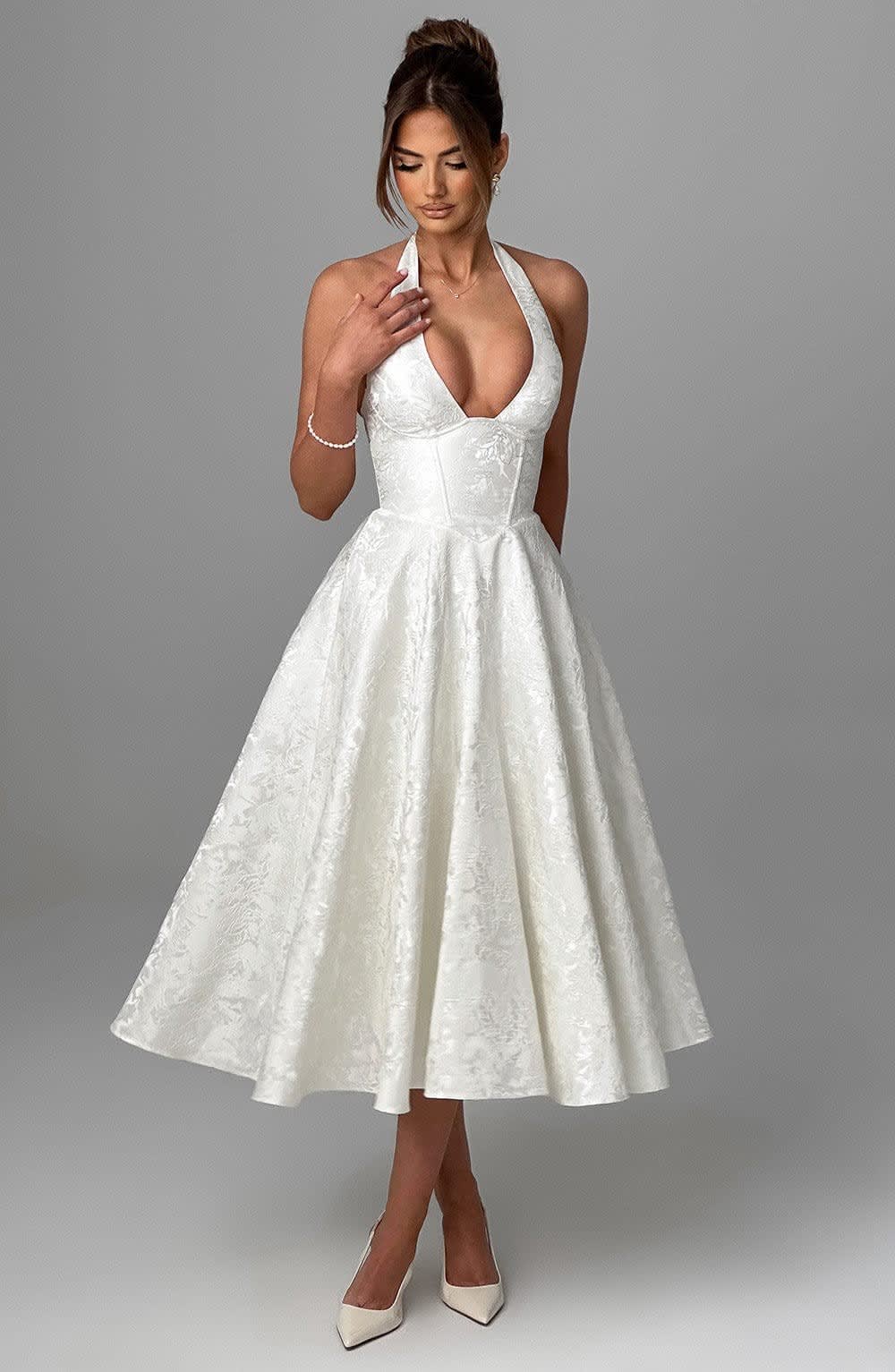Georgina Halterneck Wedding Guest Midi Dress with Corset Back