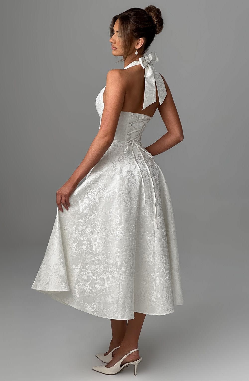 Georgina Halterneck Wedding Guest Midi Dress with Corset Back