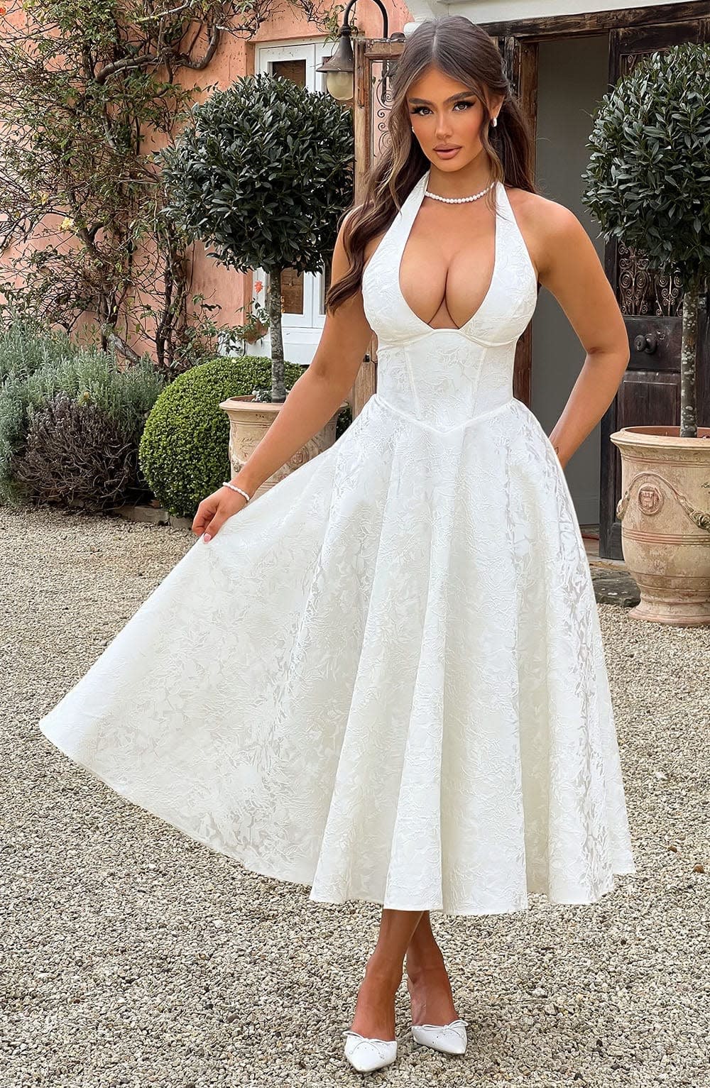 Georgina Halterneck Wedding Guest Midi Dress with Corset Back