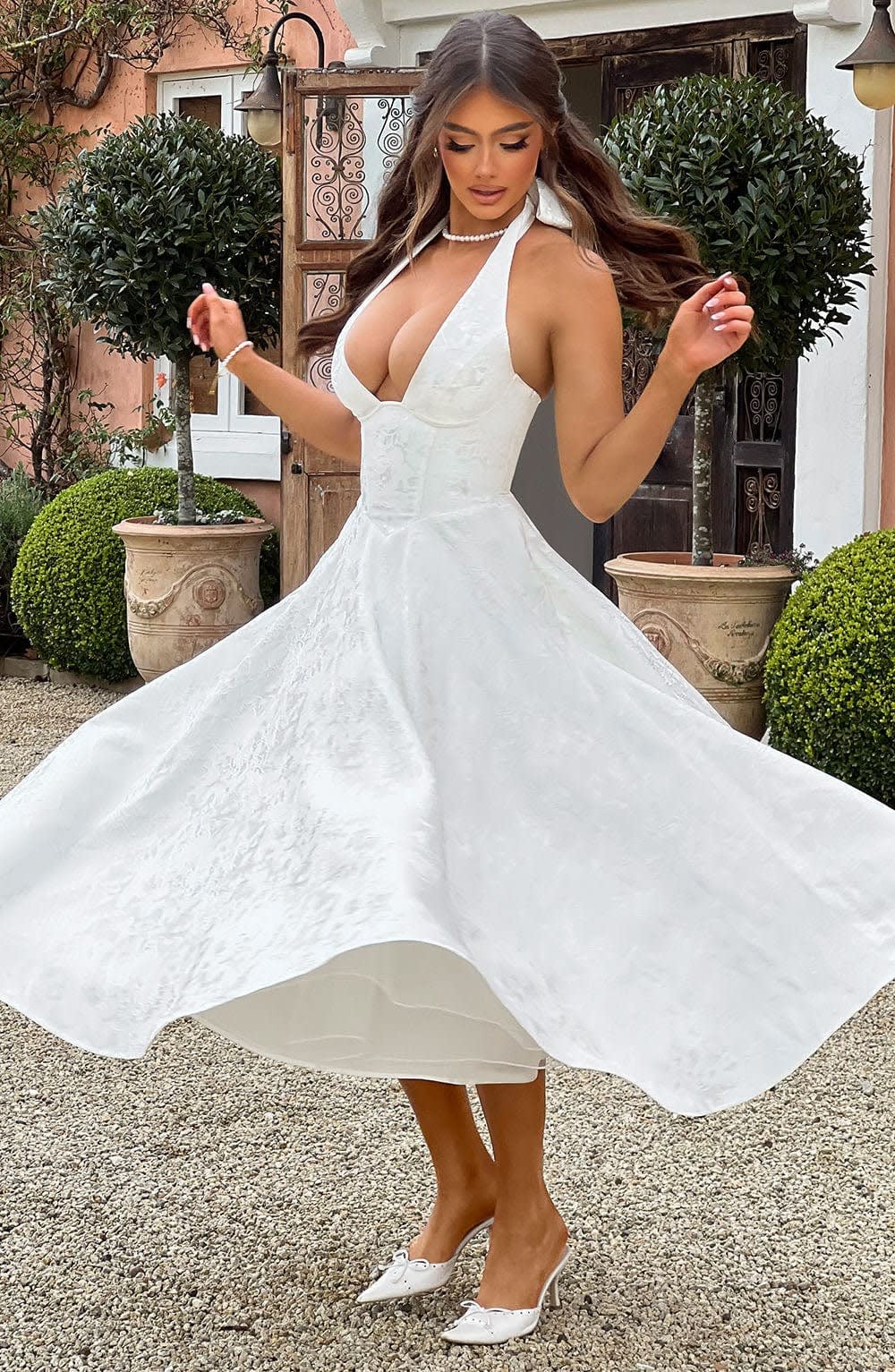 Georgina Halterneck Wedding Guest Midi Dress with Corset Back