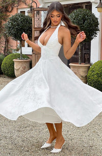 Georgina Halterneck Wedding Guest Midi Dress with Corset Back