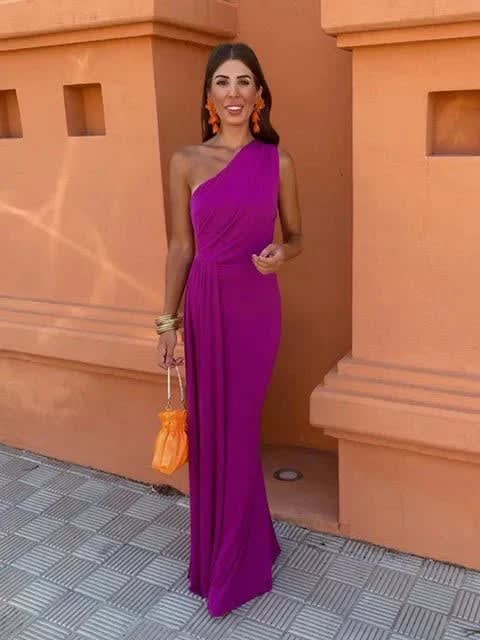 Evie Wedding Guest One-Shoulder Draped Maxi Dress