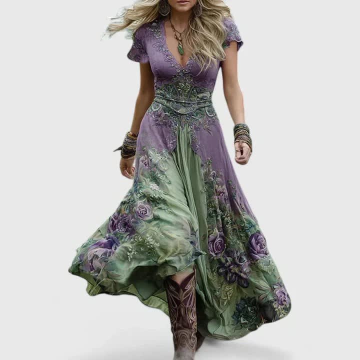 Holly V-Neck Short Sleeve Floral Maxi Dress_1