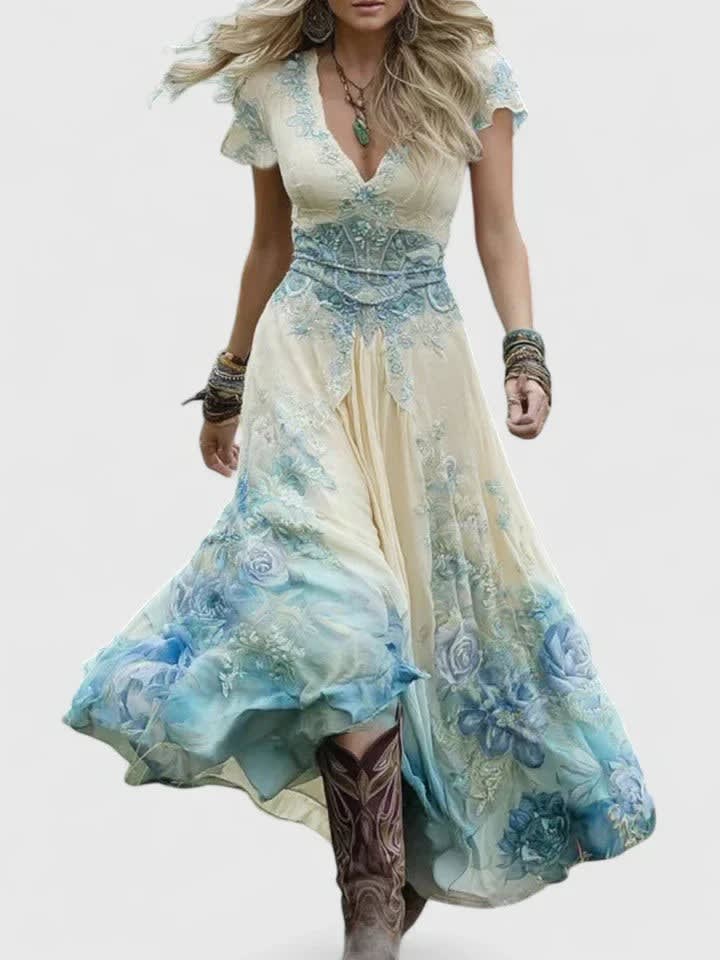Holly V-Neck Short Sleeve Floral Maxi Dress_2