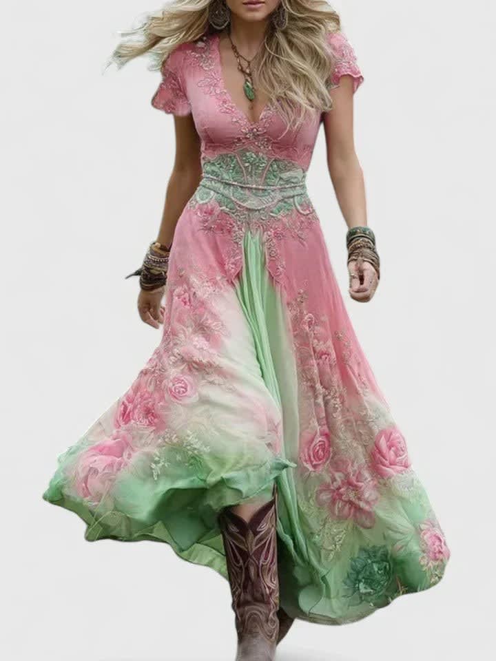 Holly V-Neck Short Sleeve Floral Maxi Dress_4