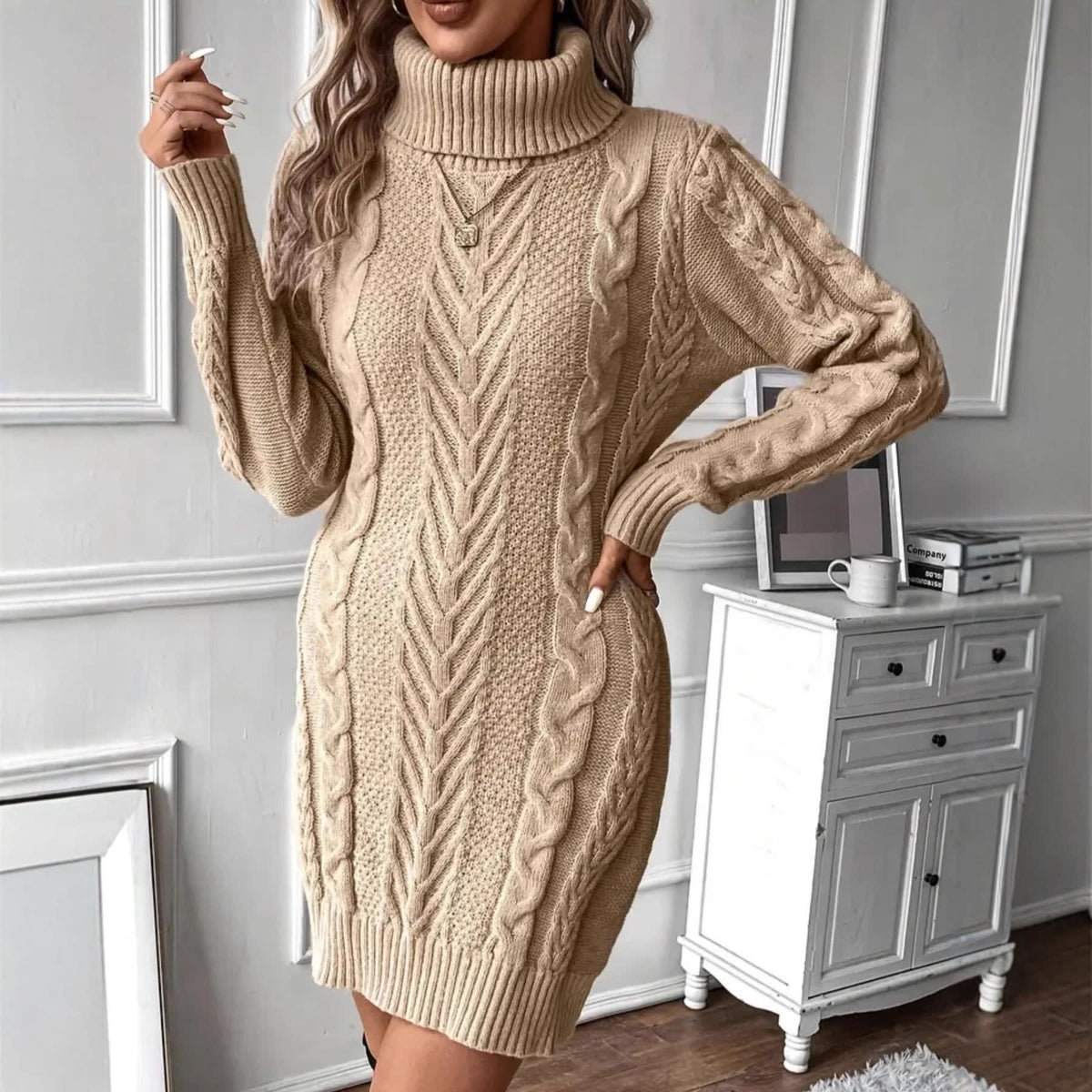 Kay Chunky Cable Knit Turtleneck Dress