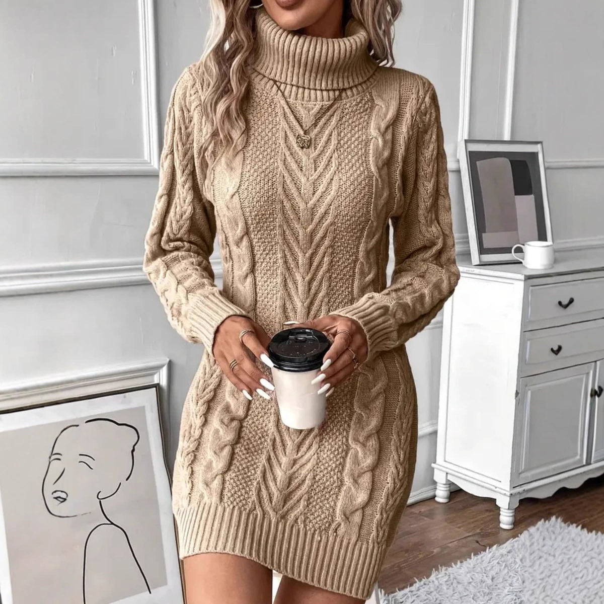 Kay Chunky Cable Knit Turtleneck Dress