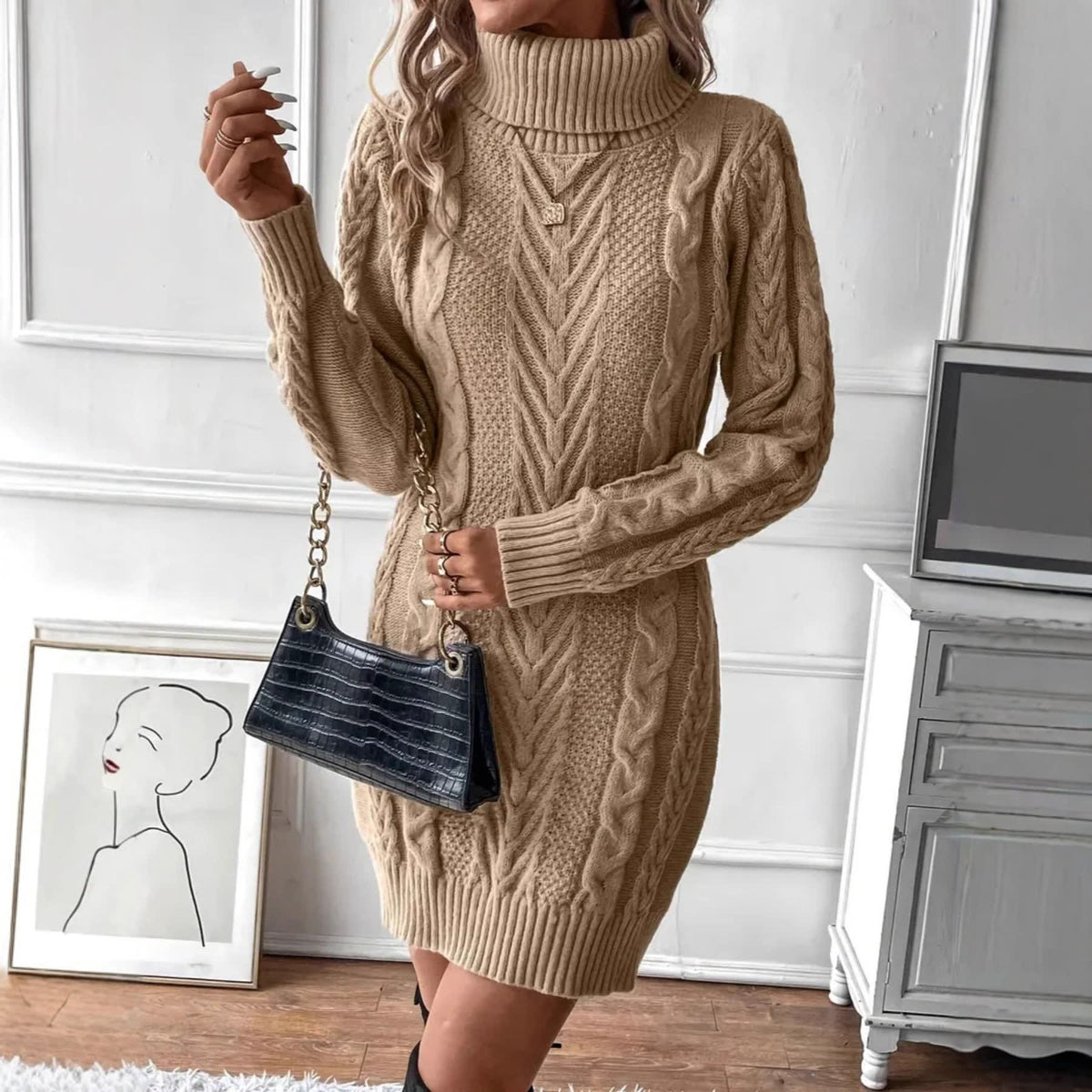 Kay Chunky Cable Knit Turtleneck Dress