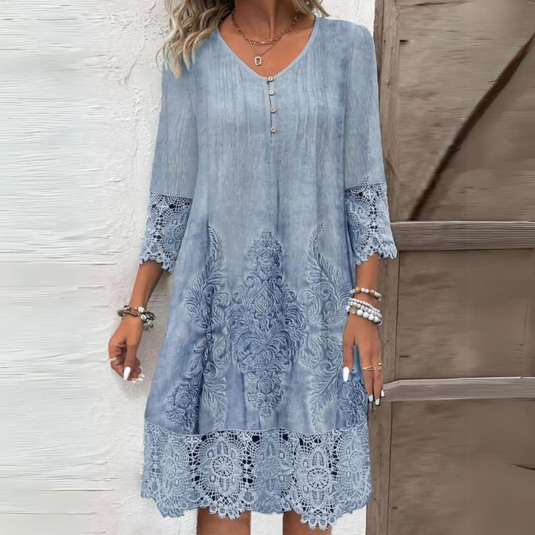 Vida Embroidered V-Neck Midi Dress with Lace Trim_1